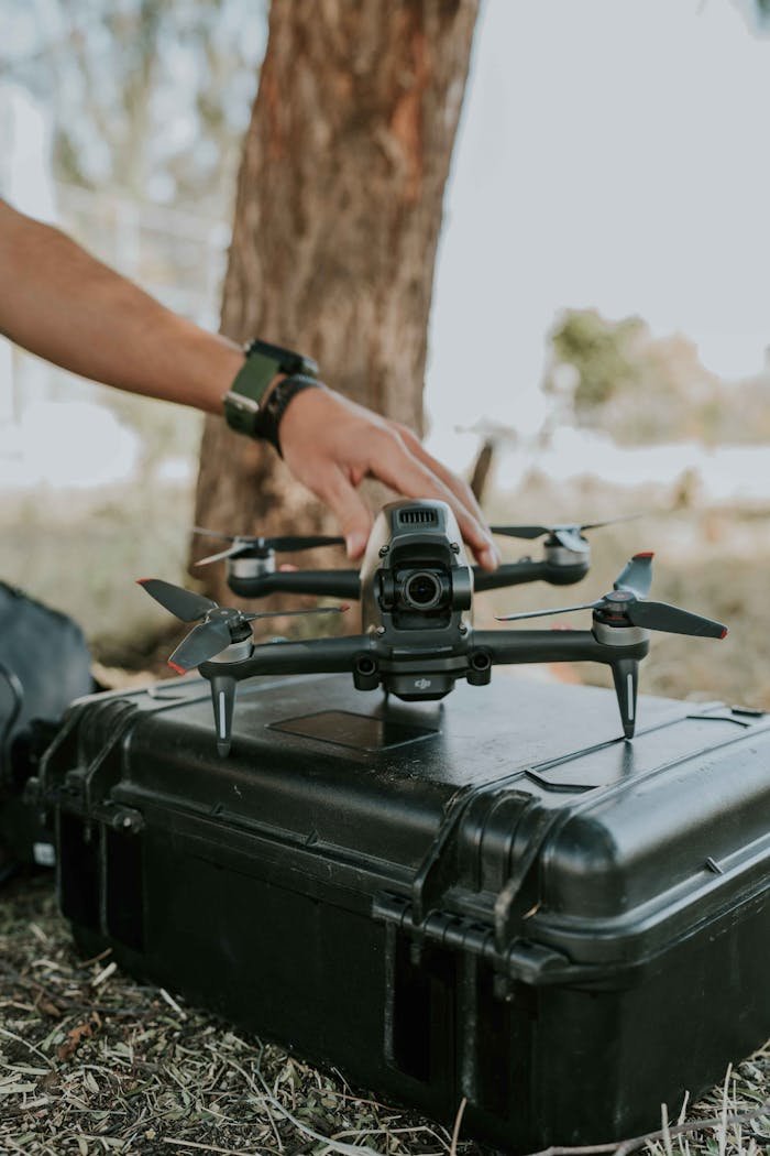 Close-up of a man setting up a drone on a case outdoors, showcasing modern technology.
